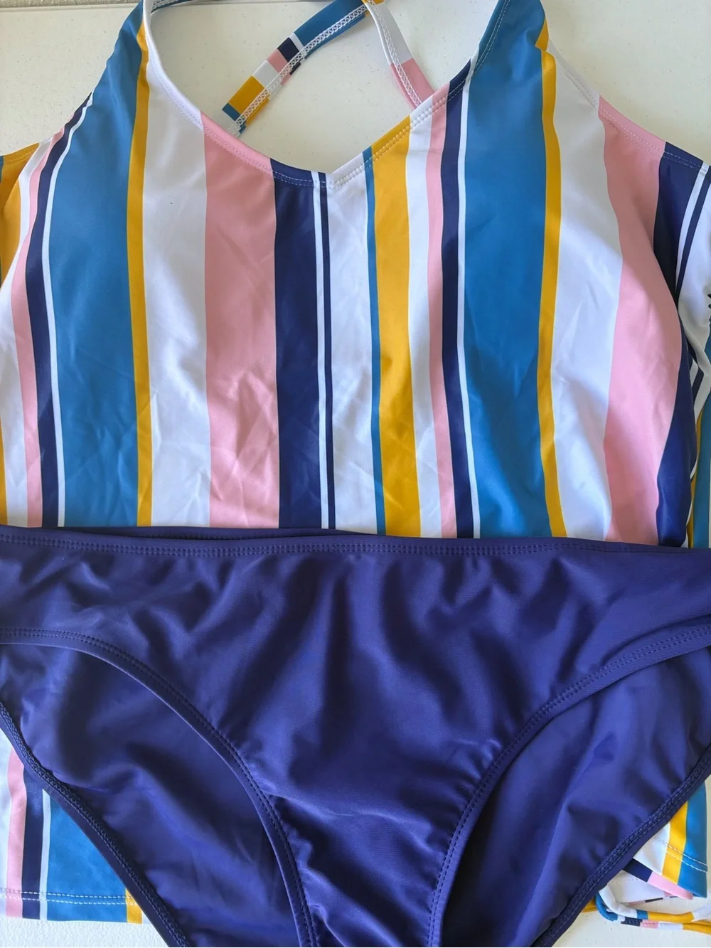 Tankini Size XL Stripe‎ Top Navy Blue Bottom Adjustable Straps Beach Pool Cruise
